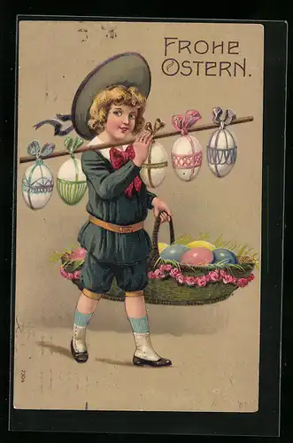 AK Junge trägt Ostereier im Korb und auf der Schulter, Frohe Ostern