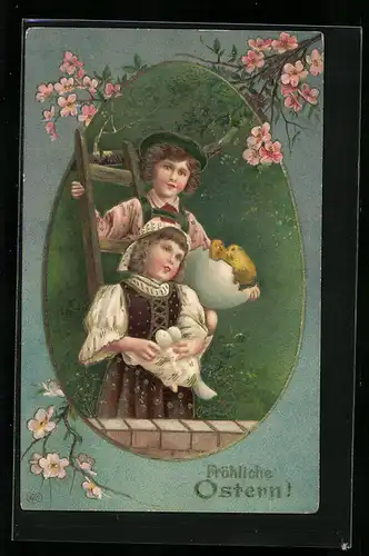 AK Fröhliche Ostern, Kleines Paar mit Osterküken