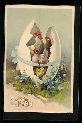 AK Singende Hühner und Hahn mit Osterküken
