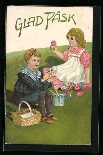 AK Kinder bemalen Eier zu Ostern