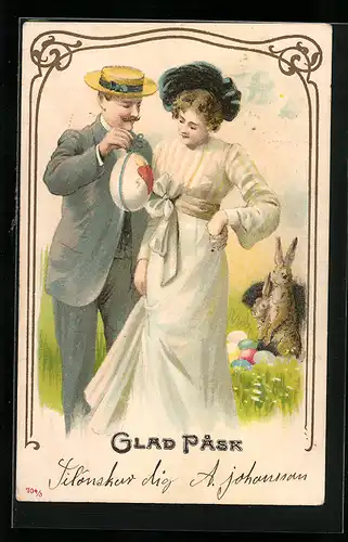 AK Pärchen mit Osterhasen und Osterei