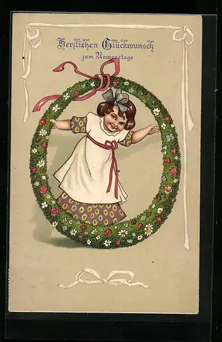 AK Mädchen mit Blumenkranz zum Namenstag