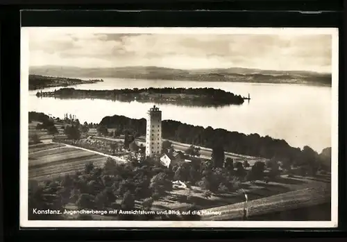 AK Konstanz, Jugendherberge mit Aussichtsturm und Blick auf die Mainau