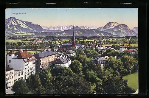 AK Rosenheim, Ortsansicht mit Bergpanorama