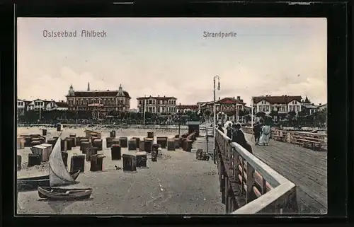 AK Ahlbeck Ostsee, Strandpartie mit Brücke