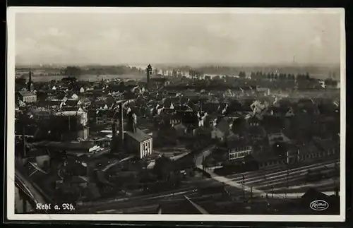 AK Kehl a. Rh., Ortsansicht mit Bahnschienen aus der Vogelschau