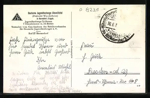 AK Hermsdorf /Erzgeb., Jugendherberge Gimmlitztal