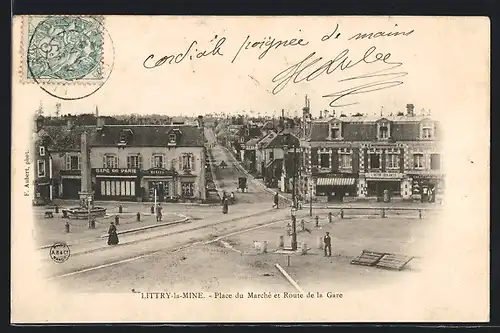 AK Littry-la-Mines, Place du Marché et Route de la Gare