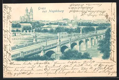 Lithographie Magdeburg, Ortspartie mit Brücke