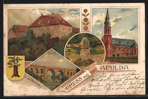 Lithographie Apolda, Katholische Kirche, Schloss, Viaduct, Wappen