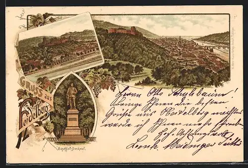 Lithographie Heidelberg, Panorama, Scheffel-Denkmal