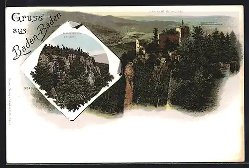 Lithographie Baden-Baden, Das alte Schloss, Partie auf dem Battert