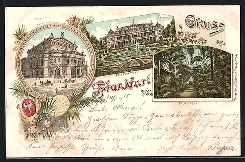 Lithographie Frankfurt, Opernhaus, Palmengarten und Palmenhaus