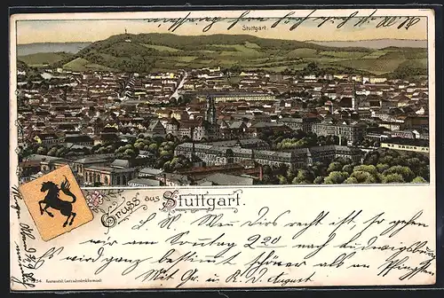 Lithographie Stuttgart, Totalansicht aus der Vogelschau