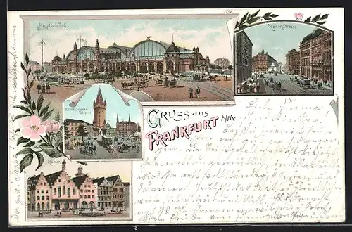 Lithographie Frankfurt a. M., Hauptbahnhof, Kaiser-Strasse, Römer, Eschenheimer-Thor