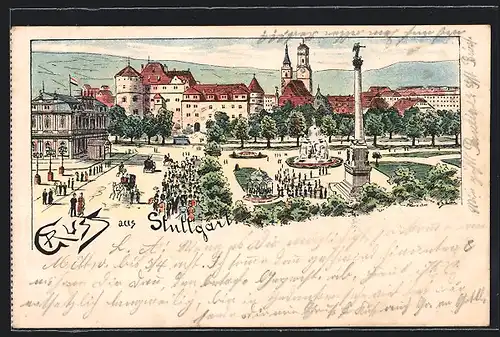 Lithographie Stuttgart, Markt mit Brunnen