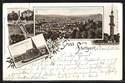 Lithographie Stuttgart, Johanneskirche, Herzog Eugen-Brunnen