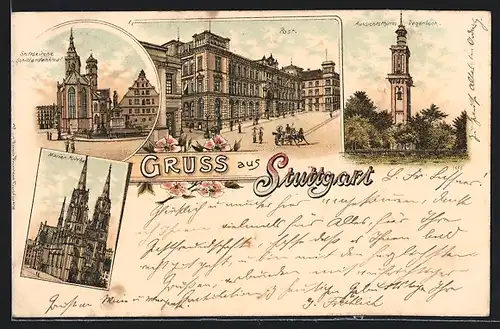 Lithographie Stuttgart, Marienkirche, Post, Stiftskirche, Aussichtsturm
