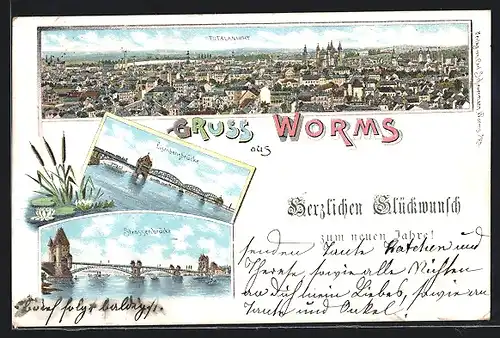 Lithographie Worms, Eisenbahnbrücke, Strassenbrücke, Totalansicht