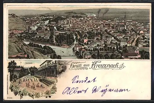 Lithographie Kreuznach, Totalansicht aus der Vogelschau, Kurhaus