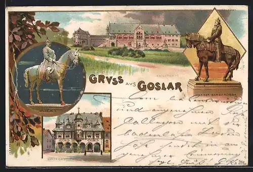 Lithographie Goslar, Wilhelm I. Denkmal, Kaiser Barbarossa Denkmal, Kaiserhaus