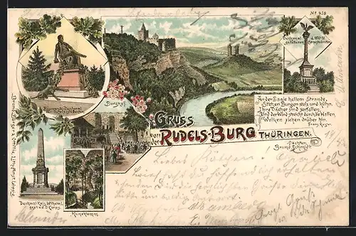 Lithographie Rudels-Burg, Burghof, Bismarck-Denkmal
