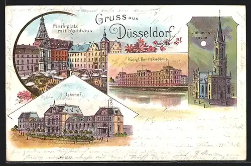 Lithographie Düsseldorf, Königliche Kunstakademie, Bahnhof, Marktplatz mit Rathaus