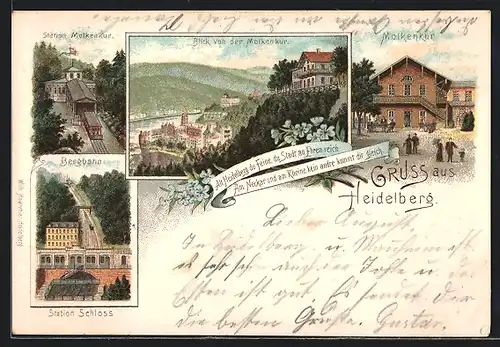 Lithographie Heidelberg, Gasthaus Molkenkur, Station Molkenkur, Bergbahn