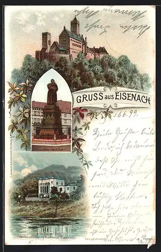 Lithographie Eisenach, Fritz Reuter-Villa, Luther-Denkmal