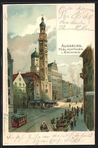 Lithographie Augsburg, Perlachthurm und Rathaus mit Strassenbahn