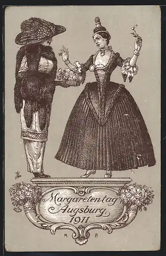 AK Augsburg, Margaretentag 1911, Rokoko-Paar mit Blumenstrauss