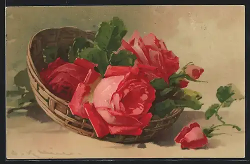 Künstler-AK Catharina Klein: Korb voller roter Rosenblüten