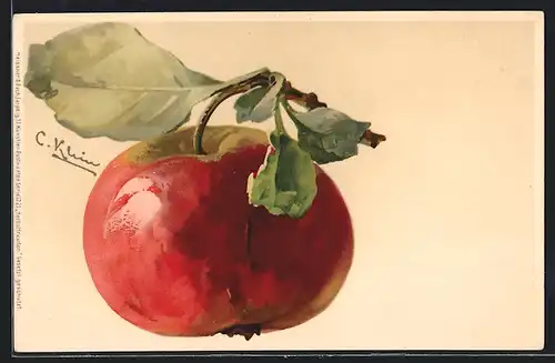 Künstler-AK Catharina Klein: Roter Apfel mit Blättern