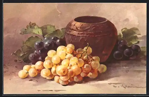 Künstler-AK Catharina Klein: Bauchige Vase mit Weintrauben