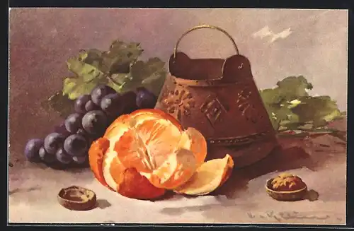 Künstler-AK Catharina Klein: Stillleben, Weintrauben und Mandarine