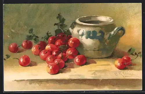Künstler-AK Catharina Klein: Kirschen neben einem Krug liegend