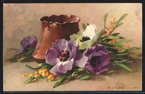 Künstler-AK Catharina Klein: Vase und Blumen davor