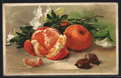 Künstler-AK Catharina Klein: Stillleben Blumen mit Mandarinen und Nüssen