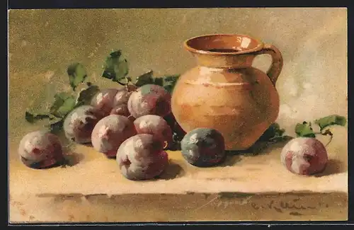 Künstler-AK Catharina Klein: Goldfarbener Strauch mit blauen Pflaumen