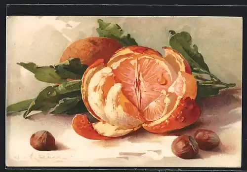 Künstler-AK Catharina Klein: Aufgeschnittene Apfelsine und Haselnüsse