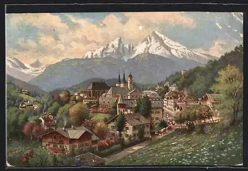 Künstler-AK Berchtesgaden, Stadtansicht mit gebirgspanorama