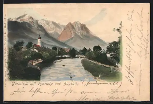 AK Garmisch, Ortsansicht mit Hochalp und Zugspitz