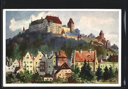 AK Landshut, Teilansicht mit Burg Trausnitz