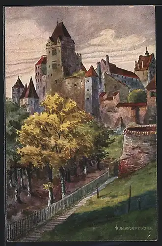 Künstler-AK Landshut, Burg Trausnitz im Herbst