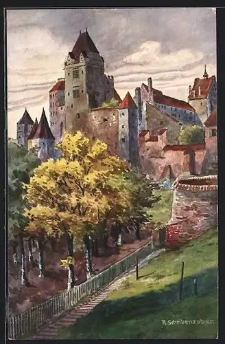 Künstler-AK Landshut, Blick auf Burg Trausnitz