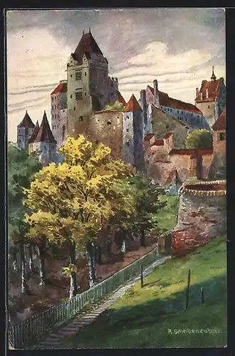 Künstler-AK Landshut, Blick auf Burg Trausnitz
