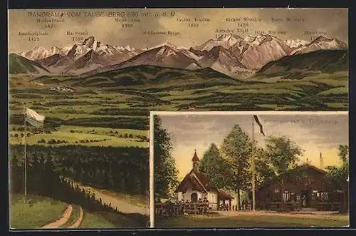 AK Warngau, Gasthaus Blockhaus auf dem Taubenberg, Panorama mit Wendelstein, Schlierseer Berge und Haidwand