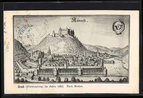 Künstler-AK Urach, Totalansicht nach Merian um 1663