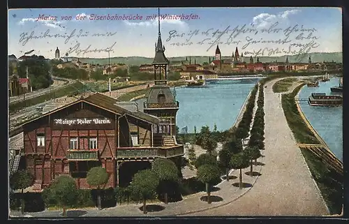 AK Mainz, von der Eisenbahnbrücke, Mainzer Ruderverein