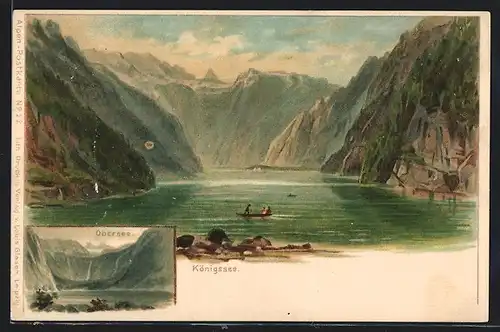 Lithographie Königssee, Blick über den See, Obersee